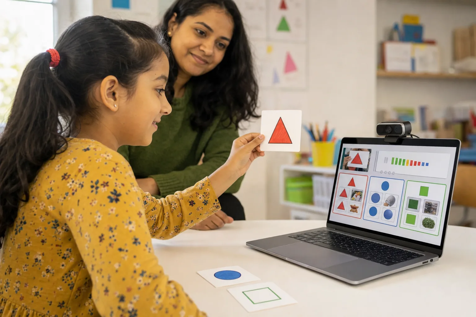 A child training a simple image classifier by holding a drawing up to a webcam