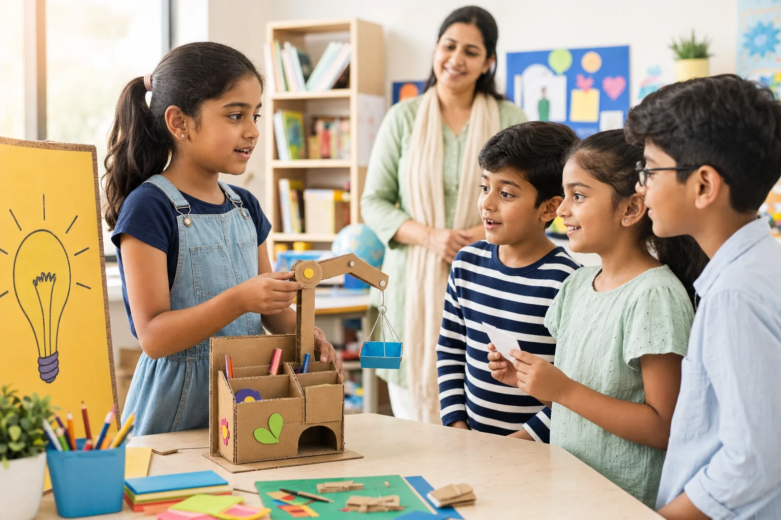 A child pitching a handmade invention to classmates and a teacher