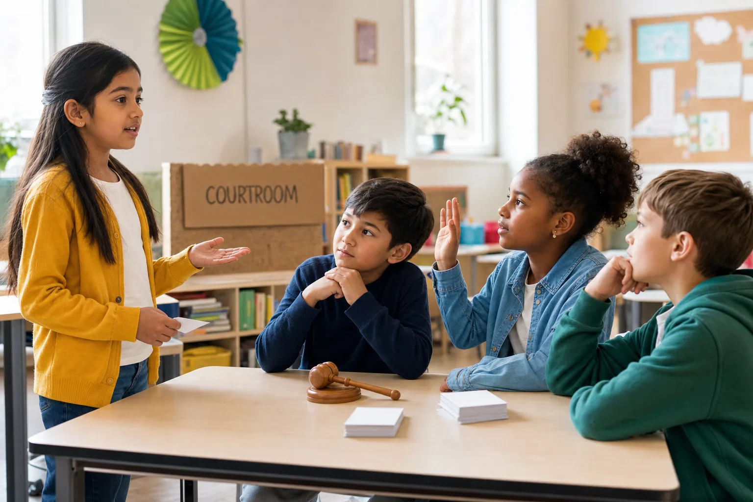 A child standing to make an argument during a classroom mock trial