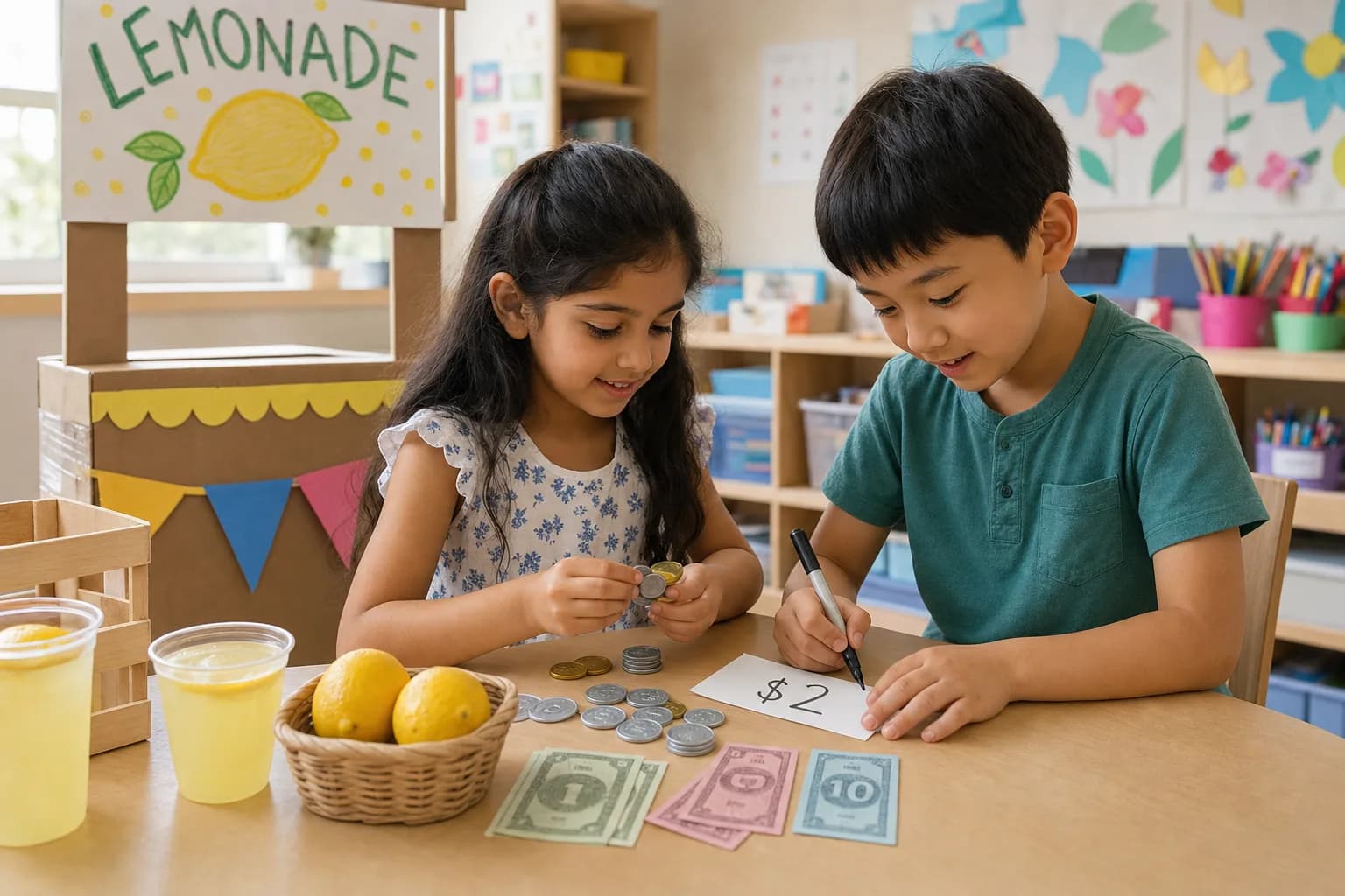 Children practicing pricing and counting through a classroom lemonade stand