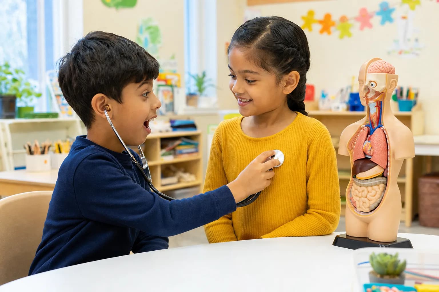 A child listening to a classmate's heartbeat with a stethoscope beside an anatomy model